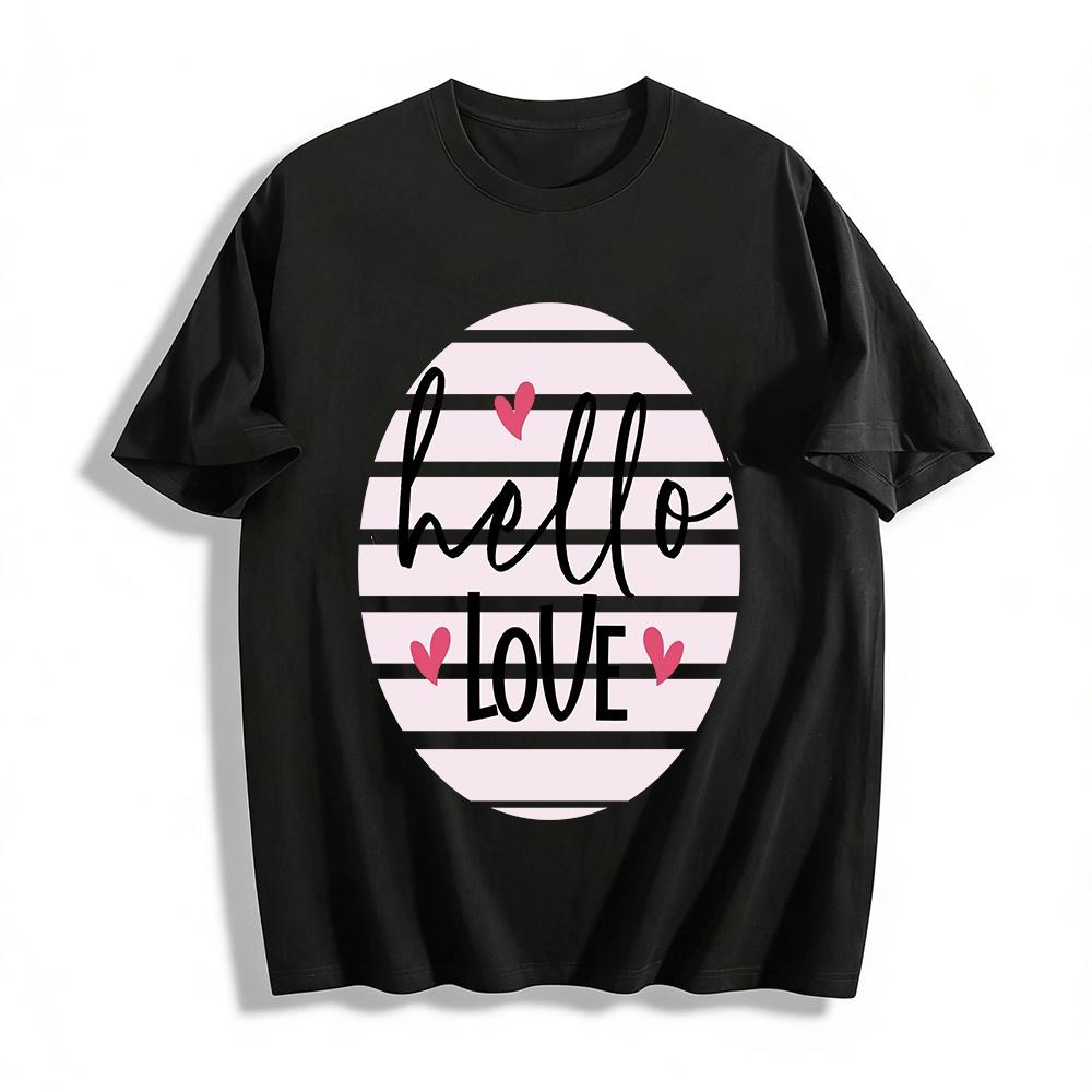 Hello Love Heart Print Casual Top Sweet Style Versatile Crewneck T-Shirt Pure cotton T-shirt XXS