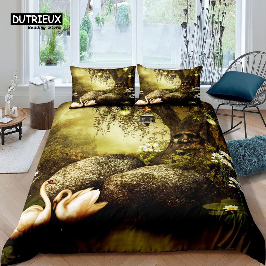 Swan Bedding Set Romantic Flowers Duvet Cover King Birds Wildlife Quilt Cover for Couple Lady Man Wedding Festival Party Decor