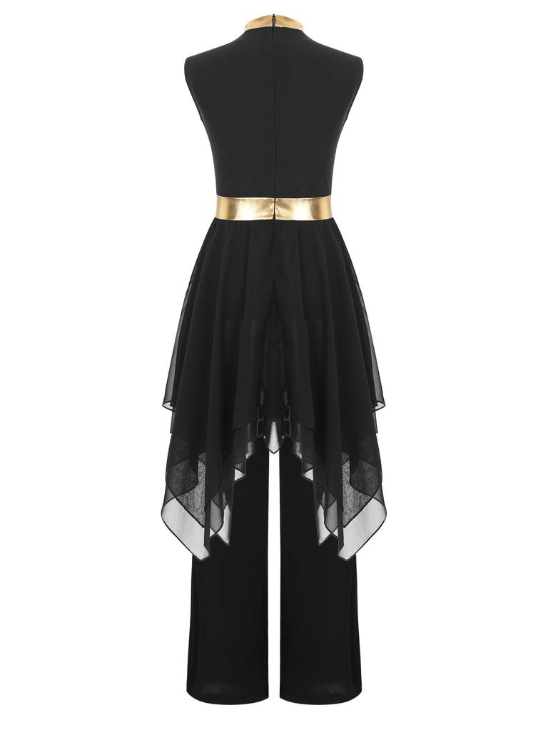 Praise Dance Costume for Kids Girls: Asymmetrical Sleeveless Metallic Dress & Comfortable Wide-Leg Pants with Elastic Waist