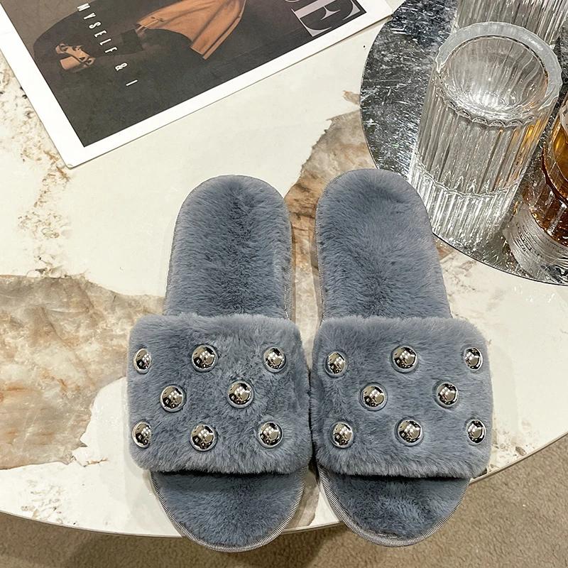 Flat Fluffy Fur Slippers Women Solid Warm Furry Slippers Women Winter House Flip Flops Home Rivet Slides Flat Indoor Floor Shoes