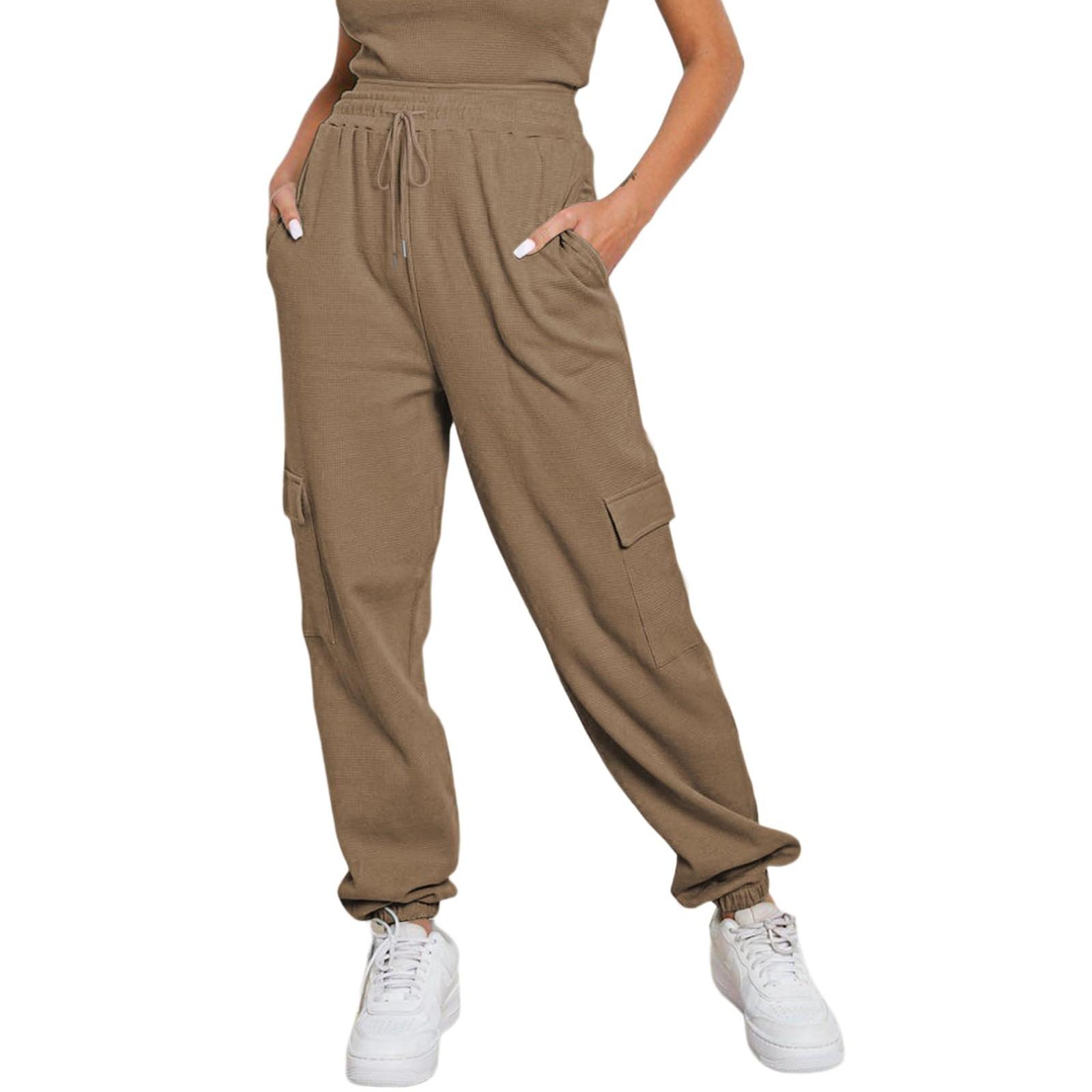 

Женские эластичные брюки с высокой талией, повседневные активные брюки с широкими штанинами и длинными брюками, брюки с карманами XS хаки