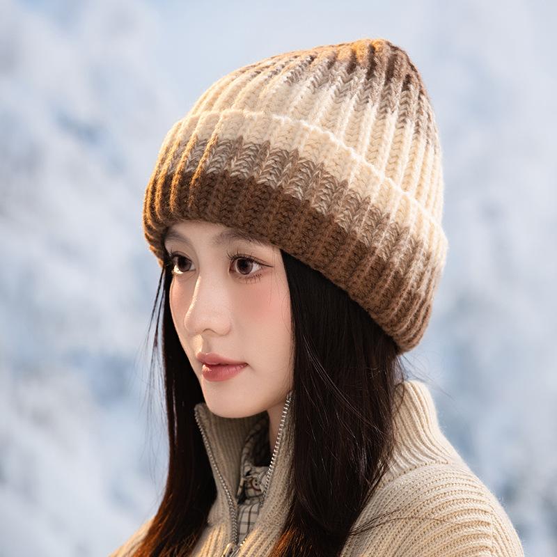 Winter Hat Women's Colorful Striped Crocheted Knitted Hat, Ear Protectors, Warm and Piled Thickened Cold-proof Wool Hat