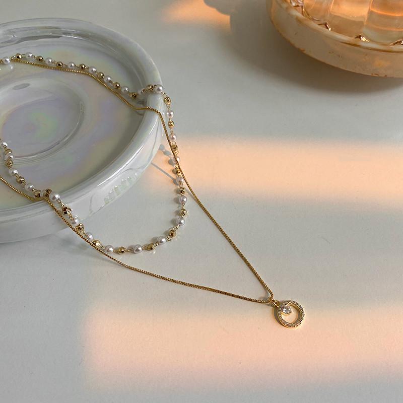 Double-layered Pearl Ring Pendant Necklace - Fashionable Accessory for Women, Collar Chain, Elegant Neck Chain