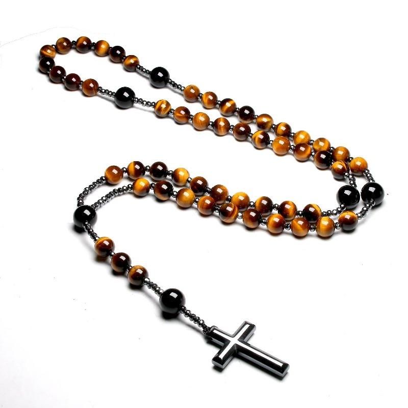 Collane con rosario di Cristo cattolico in pietra naturale occhio di tigre per donna uomo pendente con croce in ematite gioielli Mala