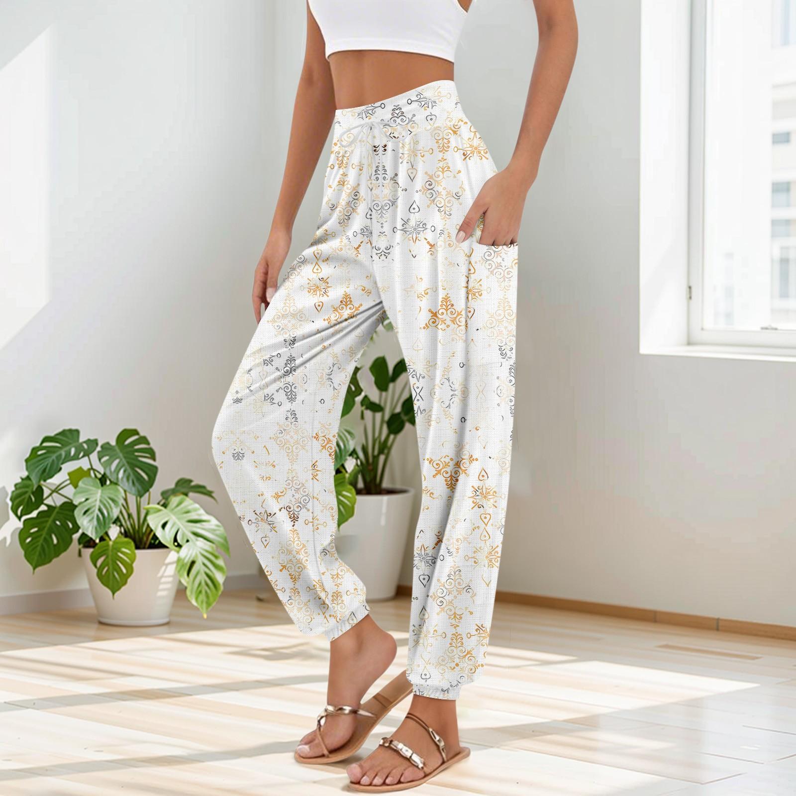 

Женские брюки с карманами и завязками на талии, повседневные брюки для йоги в стиле бохо с принтом XL белый