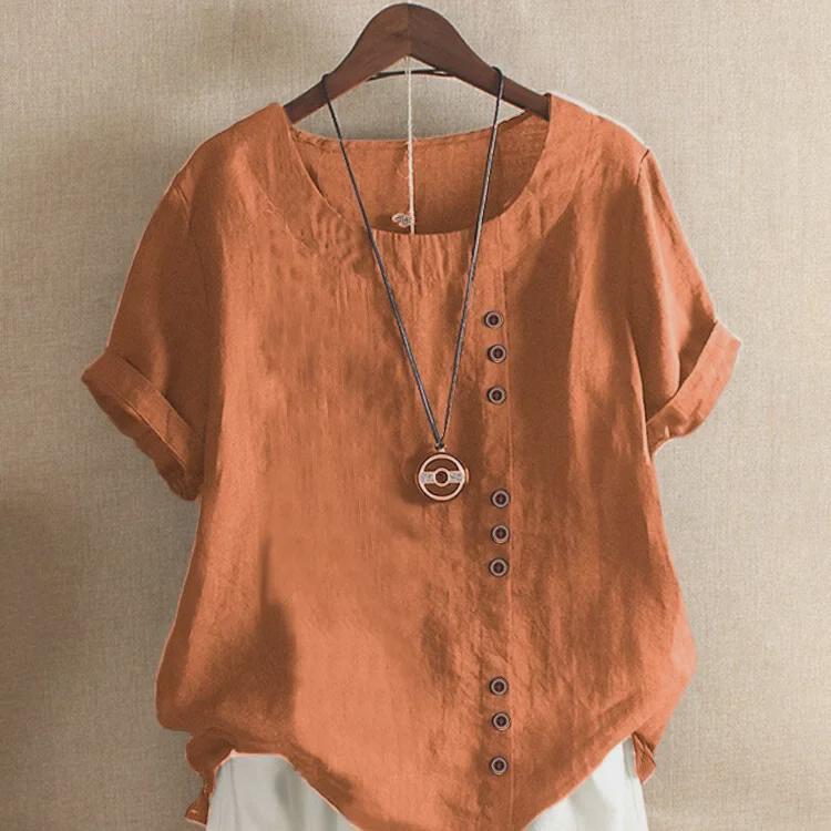 2025 Sommer Tegneserieprint Bomull og Lin Løs Casual Rund Hals Kort Ermet Skjorte