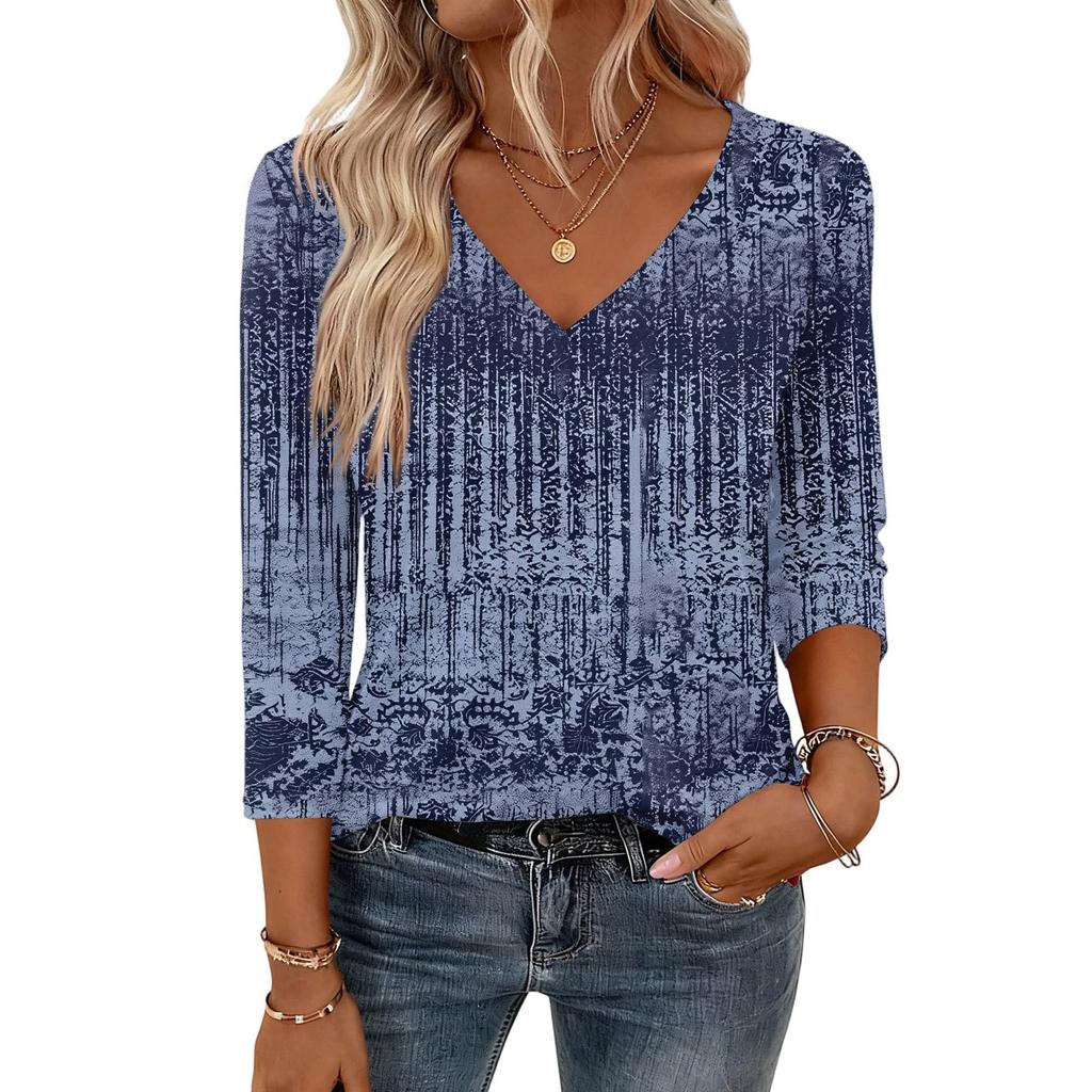 Damskie bluzki z rękawem 3/4, koszulki z dekoltem V, casualowe bluzki, podstawowe t-shirty