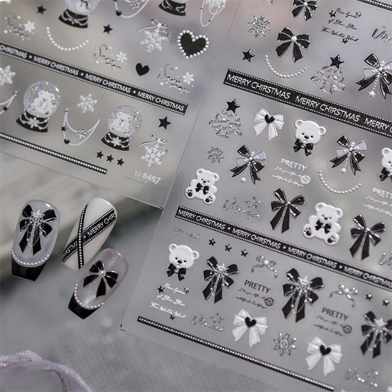 Pretty Snowflake Bow Crystal Ball Nail Art Sticker Embossment Self Adhesive Nail Sticker New Year Christmas Manicure Decals Gift