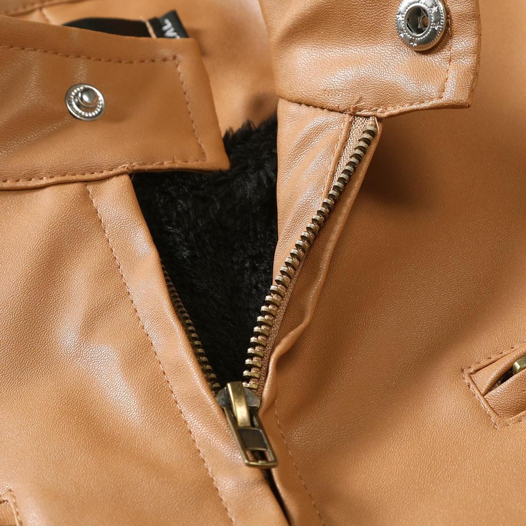 Jesienna męska skórzana kurtka w dużym rozmiarze z podszewką z aksamitu, zapinana na zamek błyskawiczny, ze stójką