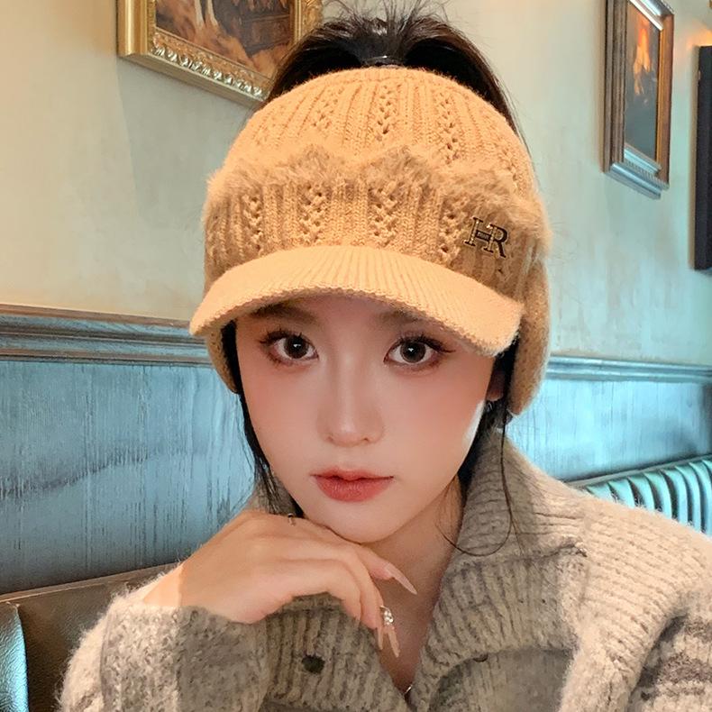 Autumn and Winter Knitted Empty Top Hat Letter Fleece Hat Women's Outdoor Cycling Windproof Warm Ear Hat