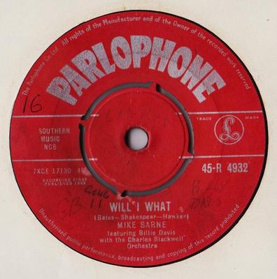 7inch Record MIKE SARNE - Will I What? 45R4932 Parlophone 1962 UK Rock Used