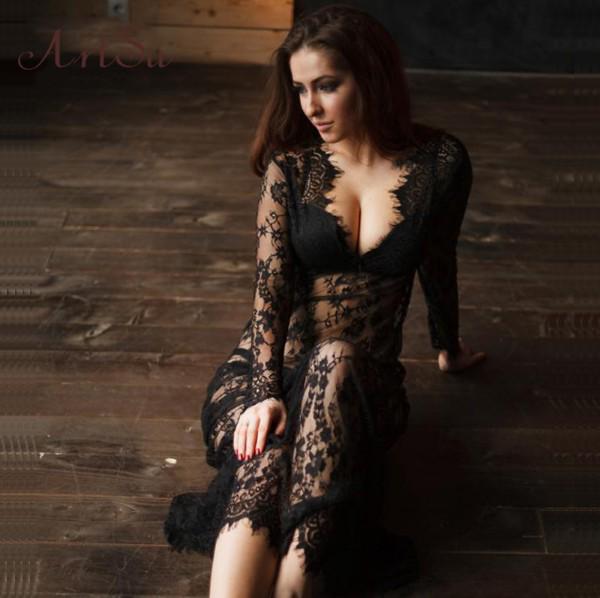Women's V Neck Long Sleeve Maxi Dress Straight Fit Mid Rise Sheer Lace Sexy Night Gown