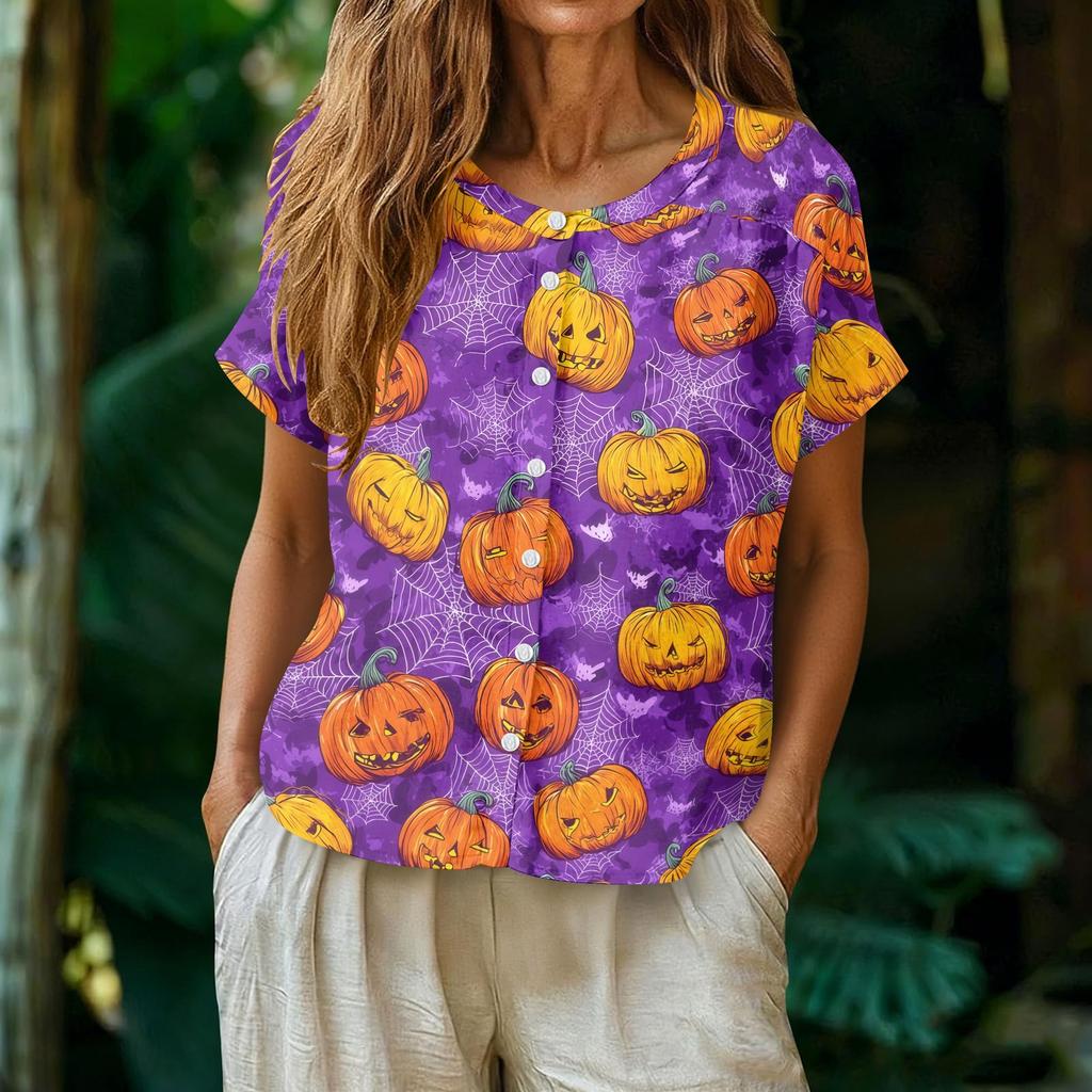 Women's Fashion Henley Neck Single Breasted Shirt Halloween Themed Print Short Sleeve Casual Top for Daily Wear