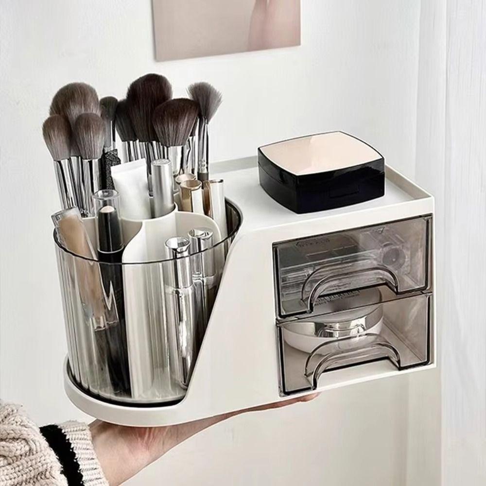 360 Degree Rotating Desk Organizer 6 Slots 4 Compartments Pencil Pen Holder Multi-Functional with 2 Drawer Makeup Organizer