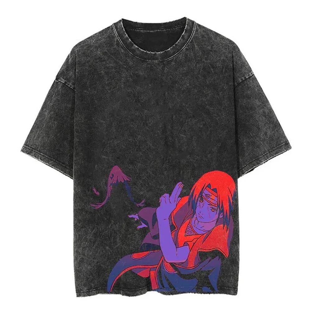 T-shirt Stampa Anime Giapponese Naruto Vintage Lavata Oversize Elasticizzata Hip Hop T-Shirt Cotone Uomo Donna Estate Manica Corta T-shirt