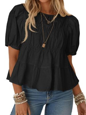 Womens Cotton Babydoll Blouse Puff Sleeve Smocked Peplum Flowy Top