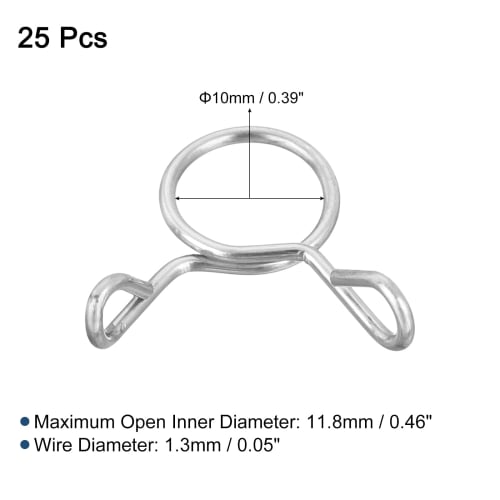 uxcell 25-Piece Hose Clips, 10mm Inner Diameter, Universal Spring Hose Clamps, 304 Stainless Steel, Double Wire, Adjustable, for Secure Fuel Hoses, Wa