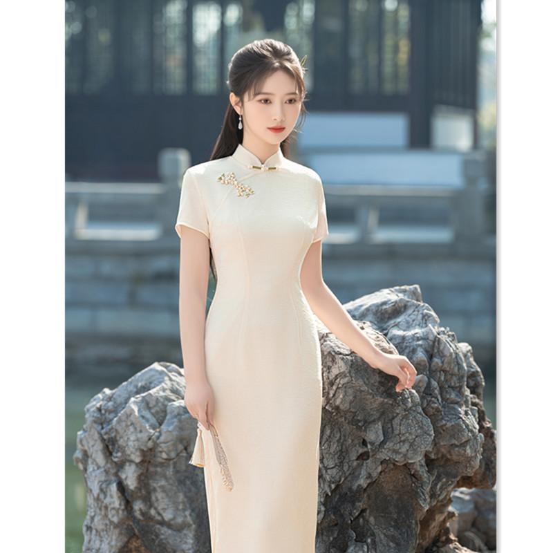 Plain national style cheongsam spring and summer new improved Chinese long short-sleeved young daily cheongsam dress