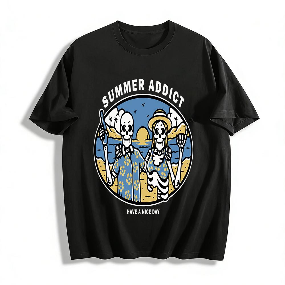 Summer Addict Beach Skeleton Couple Vacation Graphic Tee Pure cotton T-shirt XXS