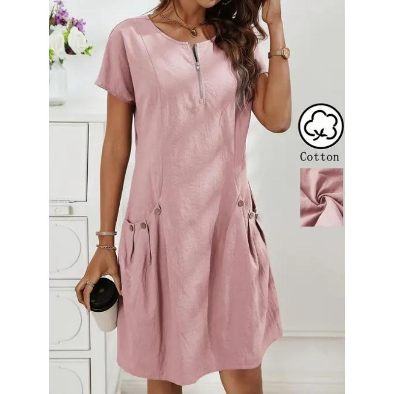 

Women s Zipper Half Front Button Decoration Double Pocket Summer Casual Dress XXL хакі