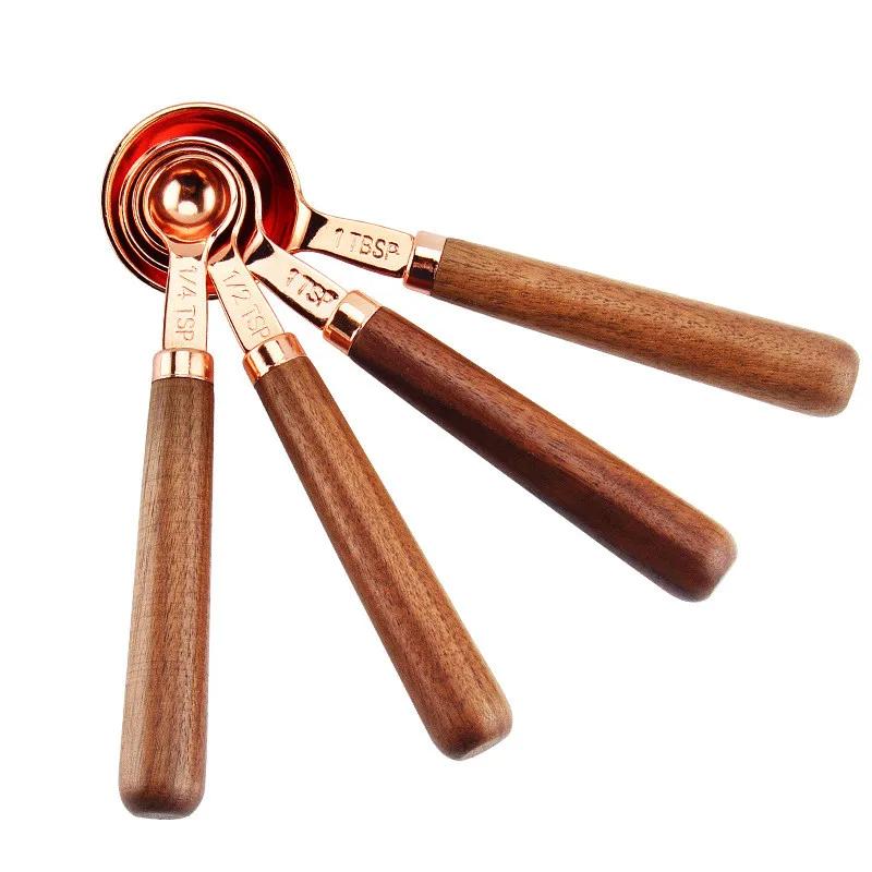 Cucharas medidoras de madera de acero inoxidable, cucharas medidoras, báscula de cocina chapada en cobre y oro rosa, juego de cucharas medidoras para alimentos