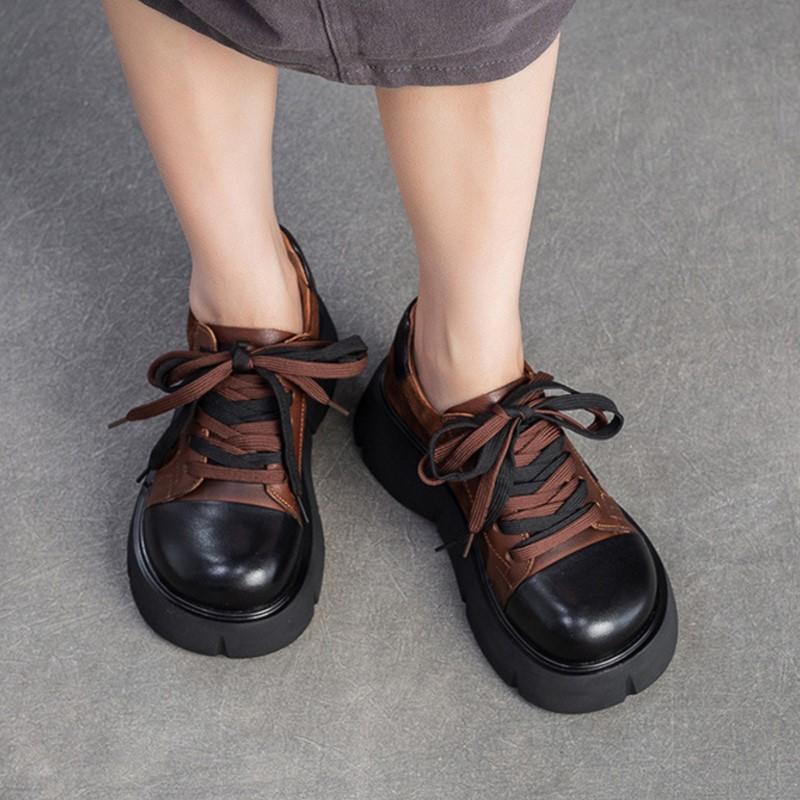 Johnature Genuine Leather Pumps Thick Soled Round Toe Mixed Colors Lace-up Fashion Versatile Women's Shoes