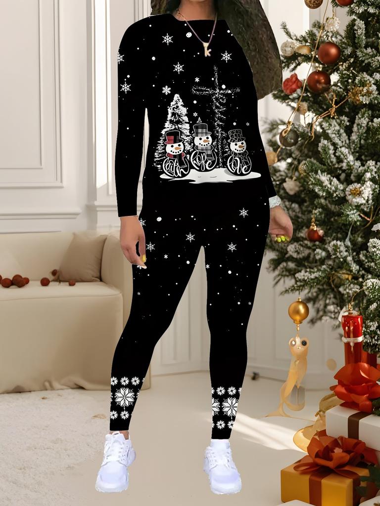 Damski 2-częściowy strój ze świątecznym nadrukiem: Top z długim rękawem z okrągłym dekoltem i spodnie, świąteczny limitowany casualowy strój na imprezę, prezent