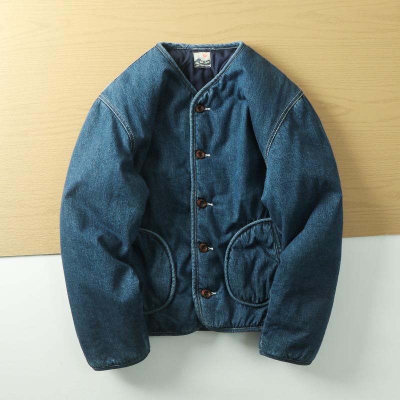 

2025 Men s Quilted Winter Denim Jacket - Japanese Retro Style with Stand Collar M синій