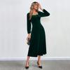 Women's Western Sexy Slit Cinched Square Neck Puff Sleeve Long-Sleeve Velvet Dress