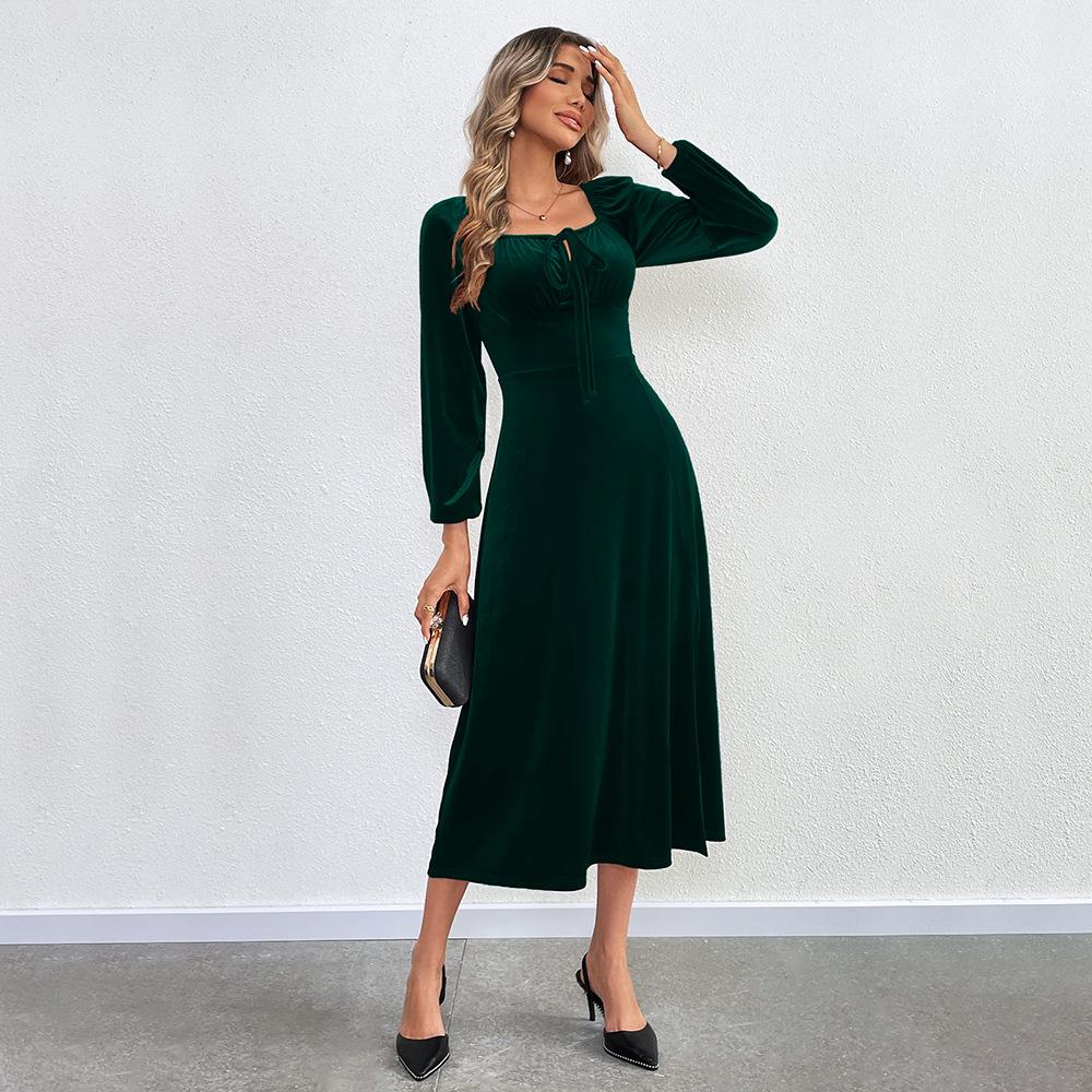 Women's Western Sexy Slit Cinched Square Neck Puff Sleeve Long-Sleeve Velvet Dress