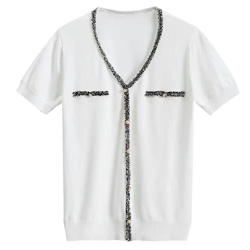 Chic V-neck Tassel Edge Pearl Button Ice Silk Knit Top – Women's Loose Summer T-shirt