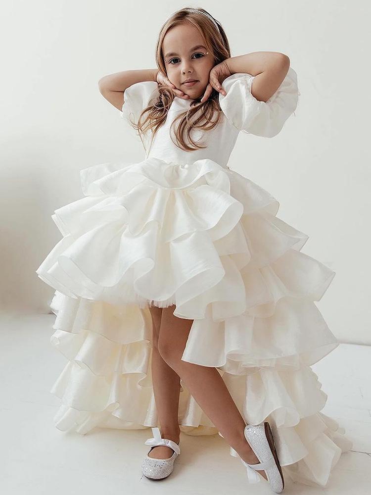 Girls' White Puffy Princess Dress - Flower Girl Wedding Long Gown