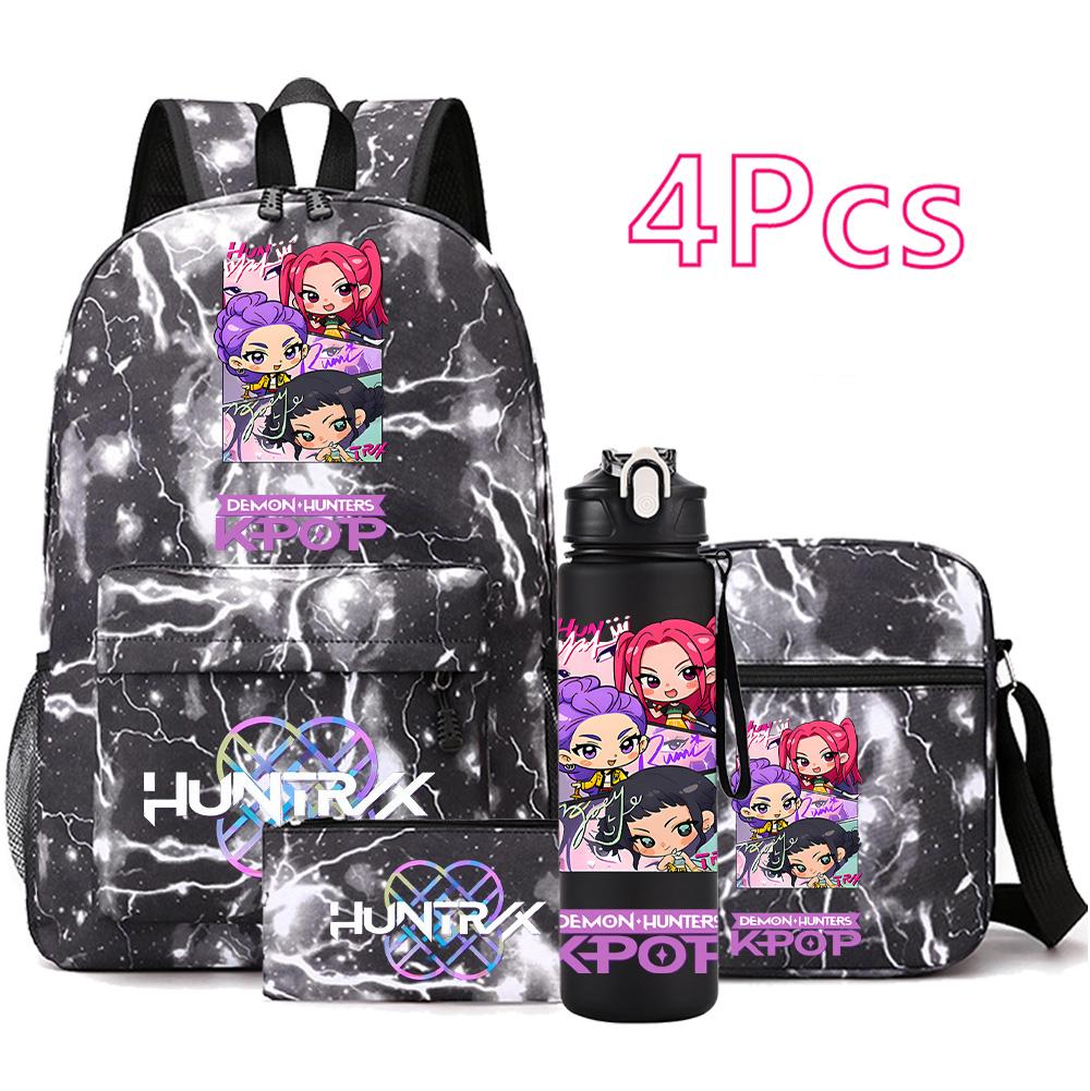 4Pcs/set Anime K-Pop Demon Hunters Printed Backpack Bookbag Shoulder Bag Case Bag with 750Ml Water Bottler for Boy Girl Large Capacity Schoolbag