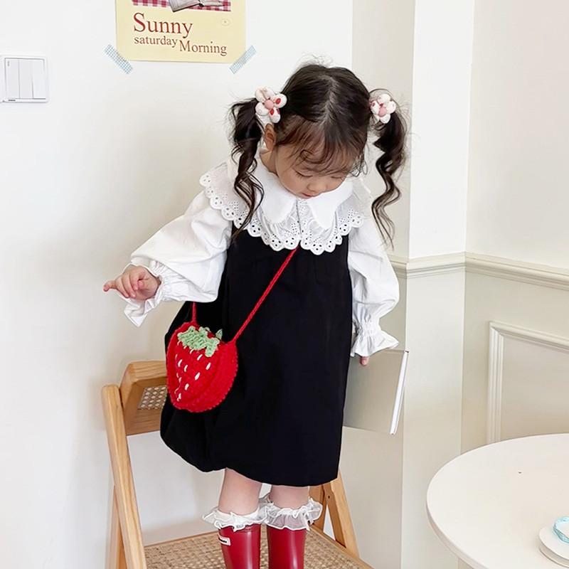 Adorável Porta-moedas Infantil Tricotado à Mão Bolsa Mini Transversal Fofa de Morango Para Meninas