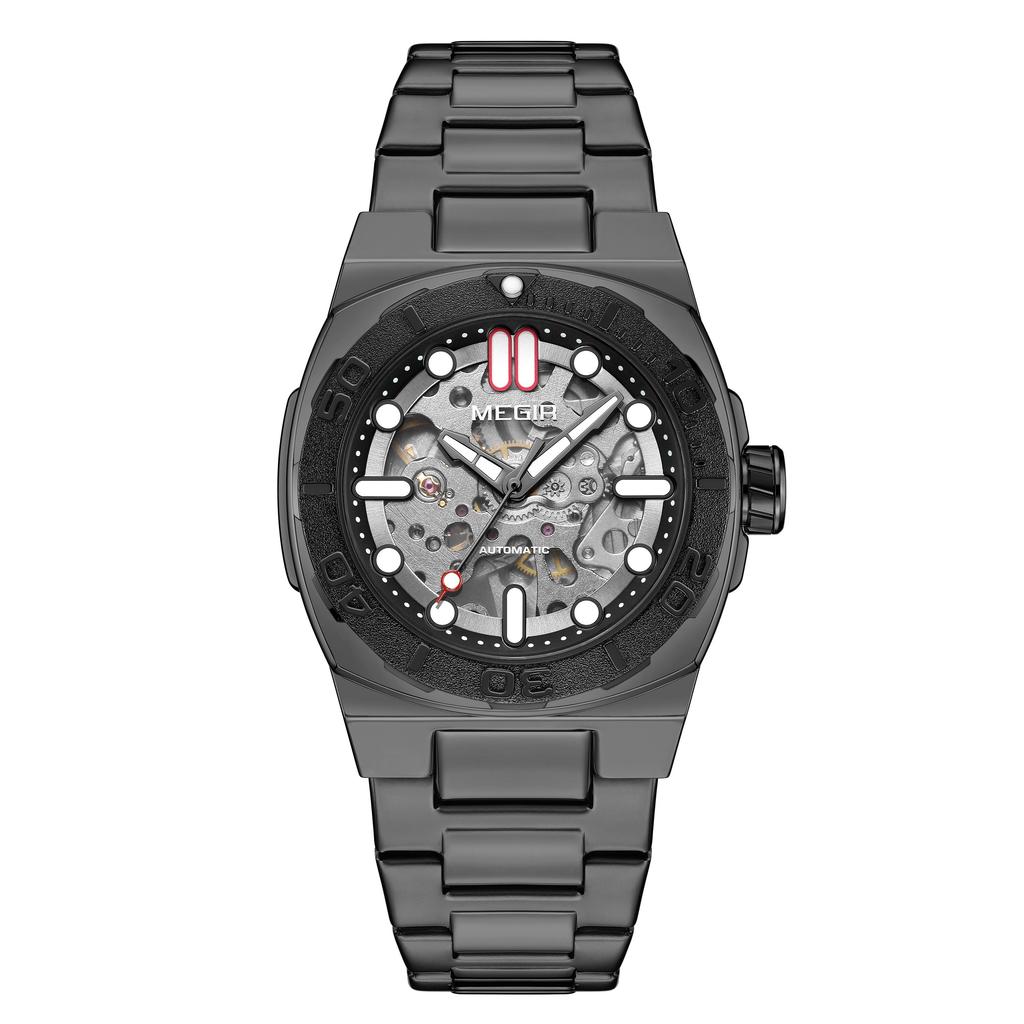 Megir Luxusní mechanické pánské hodinky Skeleton ciferník Business volnočasové náramkové hodinky Plně automatické náramkové hodinky Hodiny Relogio Masculino 8606