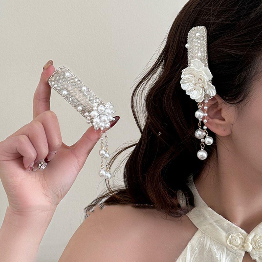 Flower Pearl Tassel Barrettes Elegant Chinese Style Side Clip Cheongsam Decoration