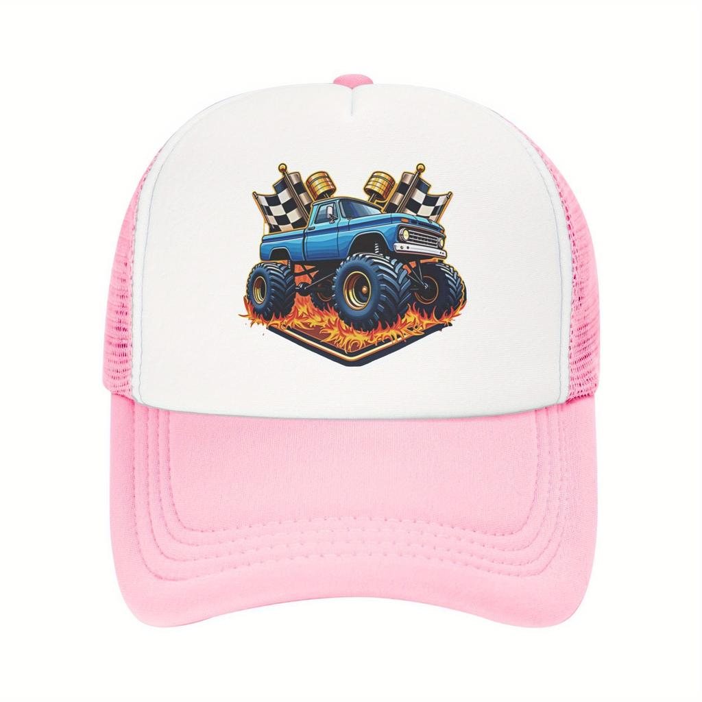 Boné Trucker com Chamas de Monster Truck e Bandeiras Quadriculadas, Tela Respirável, Boné de Basebol para Fãs de Automobilismo