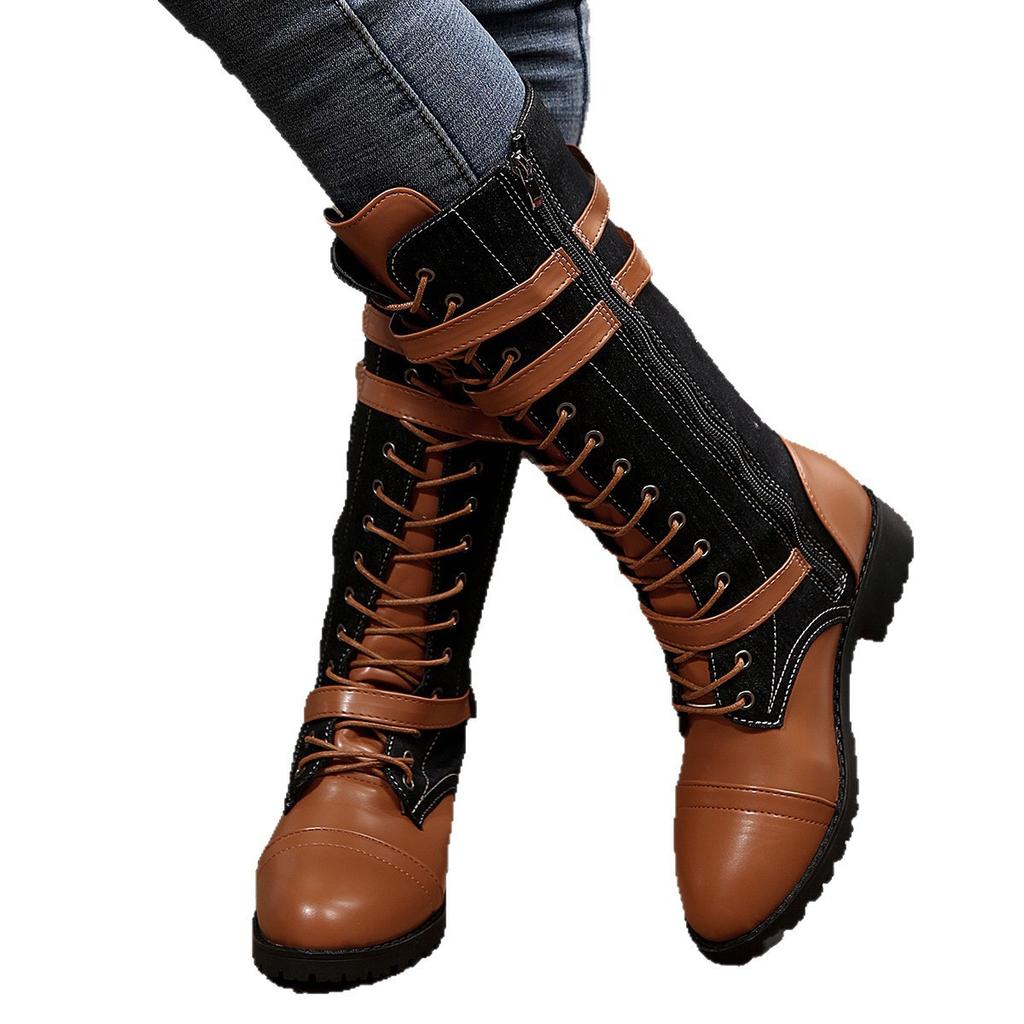 Chunky Harness Combat Boots for Women,Wide Calf Round Toe Lace Up Leather Mid Heel Boots for Fall