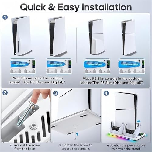 [Compatible with PS5/Slim/Pro] PS5 3 USB + 1 Type-C Charging Stand with Vertical Cooling Fan, Dual Controller Charging Station with LED Lights and Con