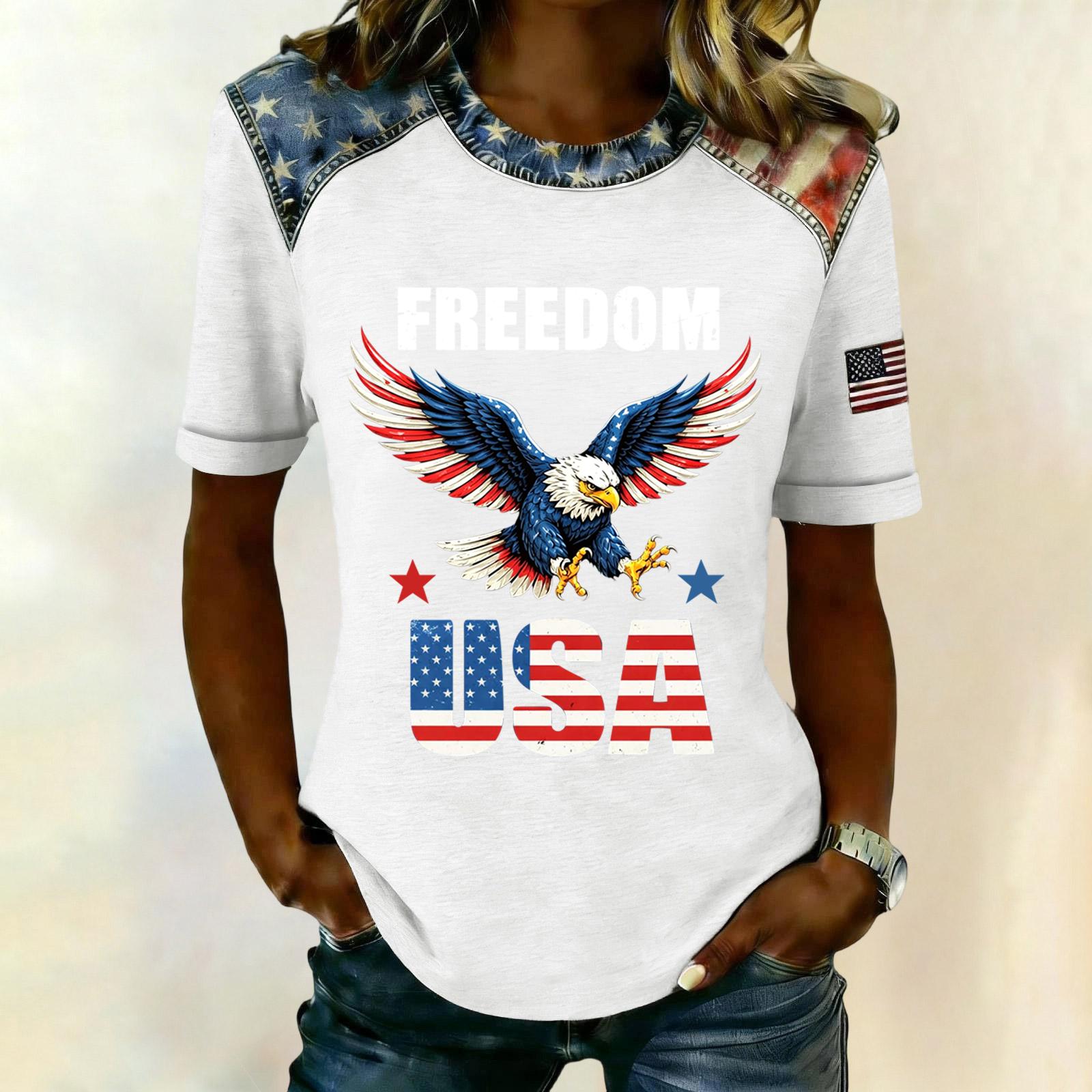 

Women s Casual Short Sleeve T-Shirt Freedom USA Graphic Print Eagle Patriotic Design Lightweight Comfortable Top XL білий