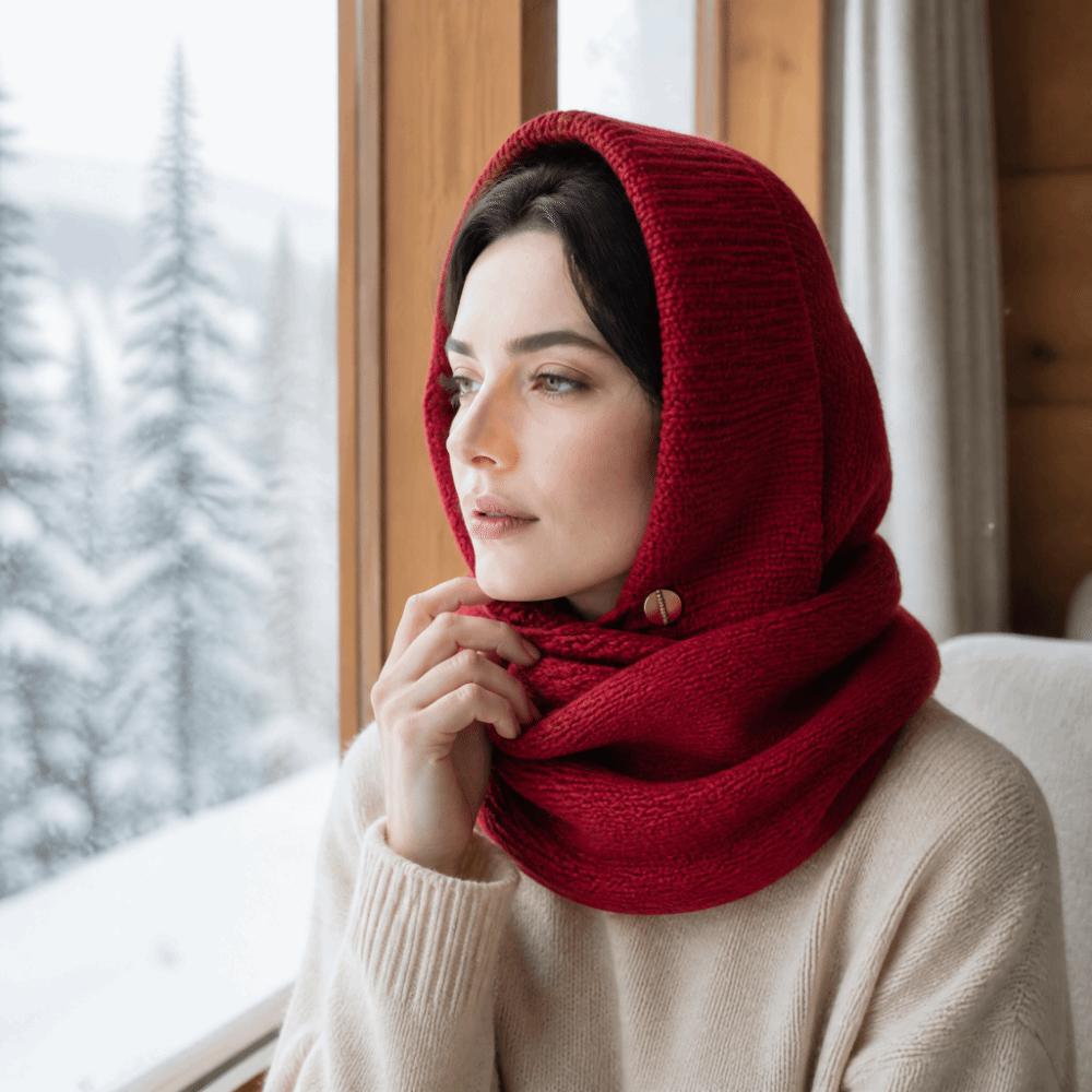 Solid Color Knitted Hooded Scarf Beanie Cross Hooded Cap Cute Hat and Scarf 2-in-1 Outdoor