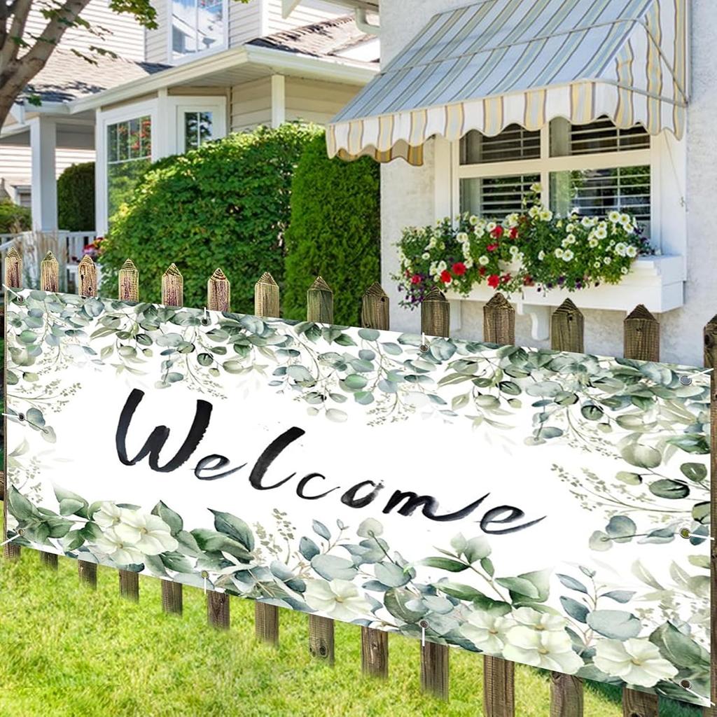 CSFOTO 7x16 stóp Baner Dekoracyjny Drzwi Garażowe z Motywem Witamy Wiosenne Rośliny Liście Dekoracja Garażu Tło Zielone Liście Eukaliptusa Duże Drzwi Garażowe