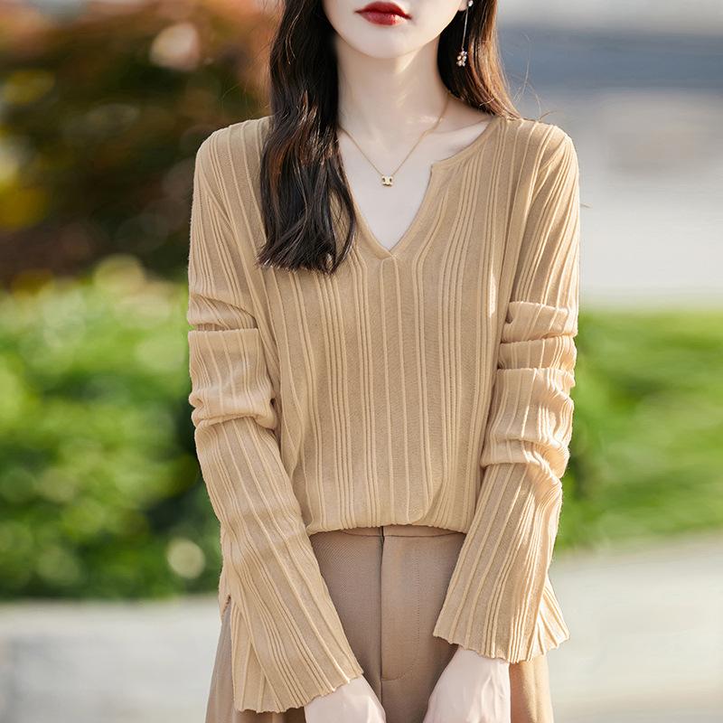 

Модная рубашка Pop Sense Chic с V-образным вырезом и длинными рукавами, трикотажная рубашка для женщин, модные топы для весны и осени в стиле темперамент XXL верблюд/золотой