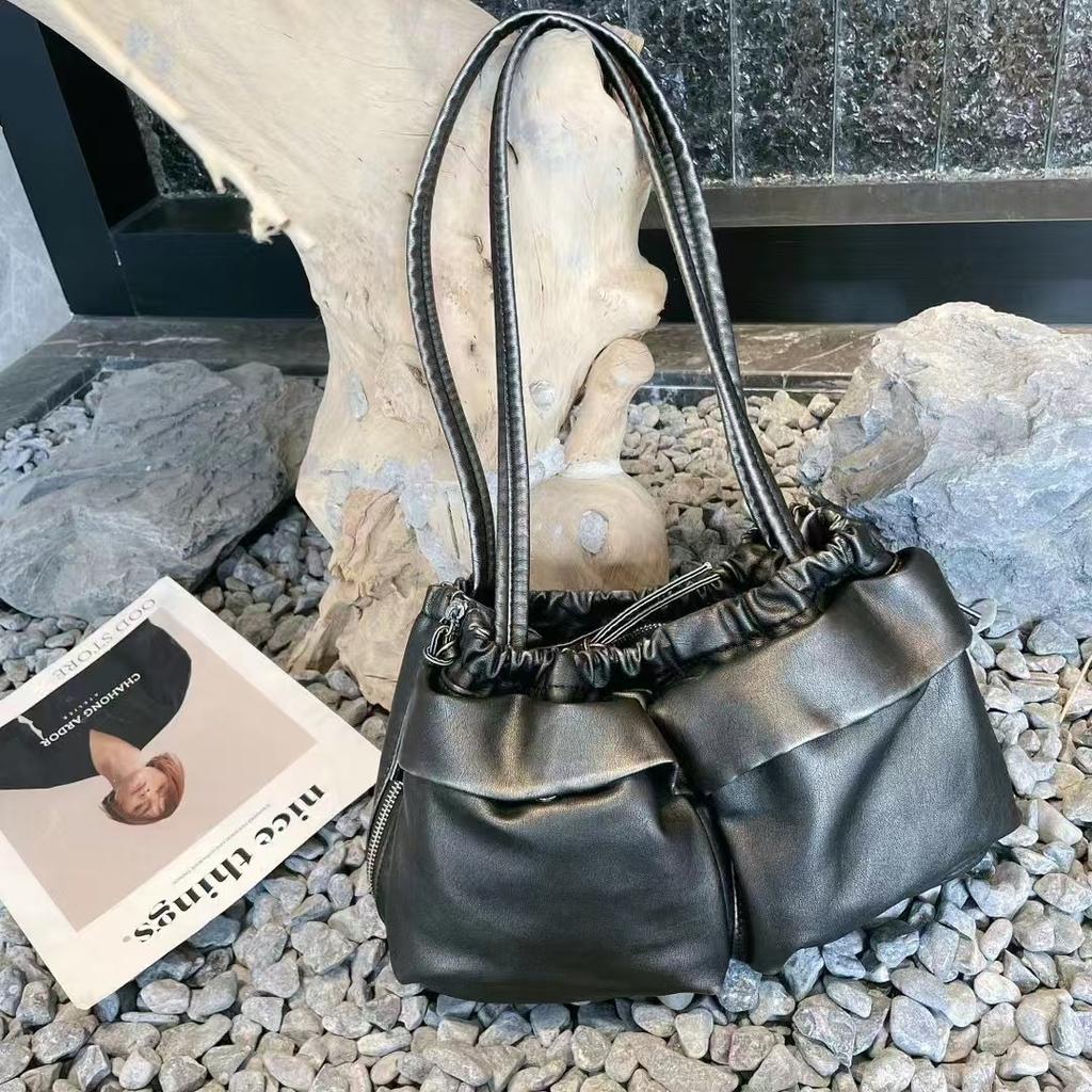 Women's Genuine Leather Bag Tote Backpack Pleated Female Bags Square Shoulder Large Capacity Multi-pocket Trend