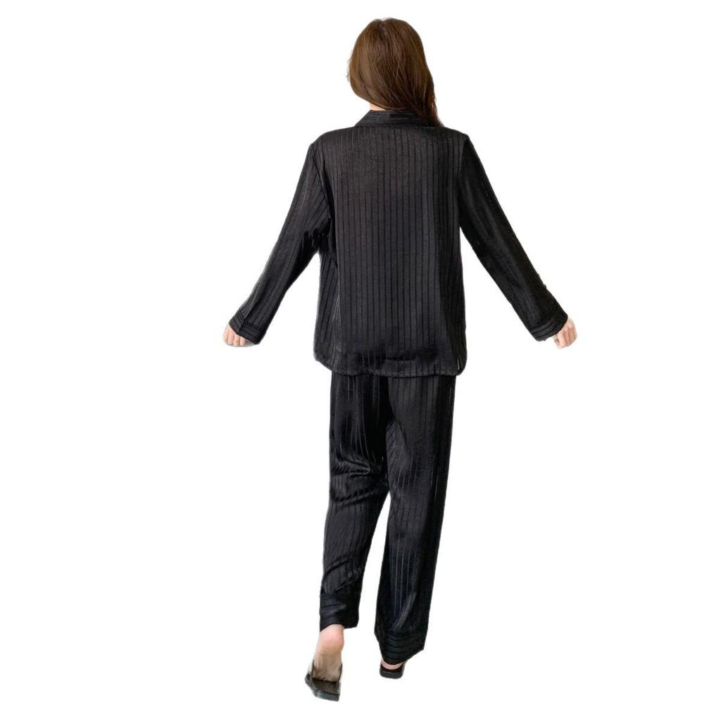 Women's High-End Ice Silk Striped Pajama Set - Spring/Summer Luxury Long Sleeve Jacquard Homewear