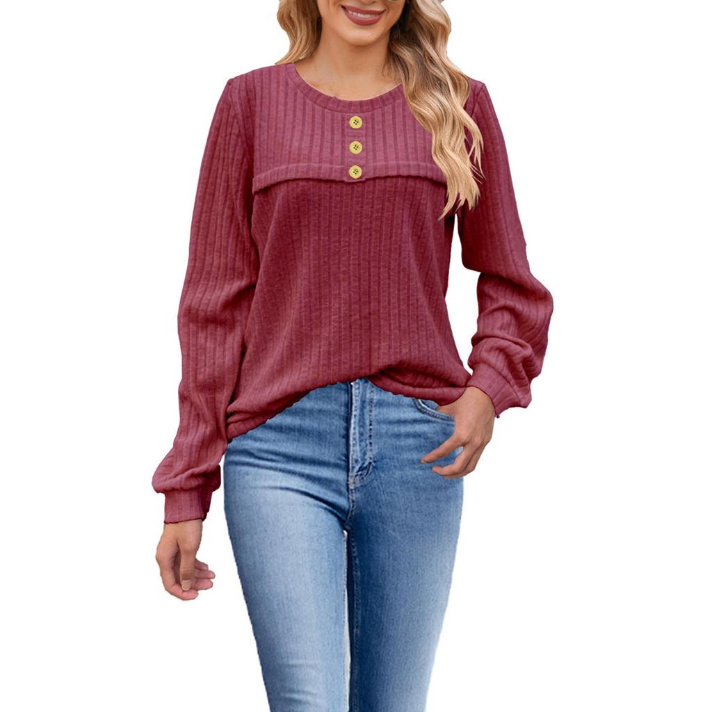 Damenmode Locker Rundhals Knopf Langarm T-Shirt Lässiges Strickoberteil