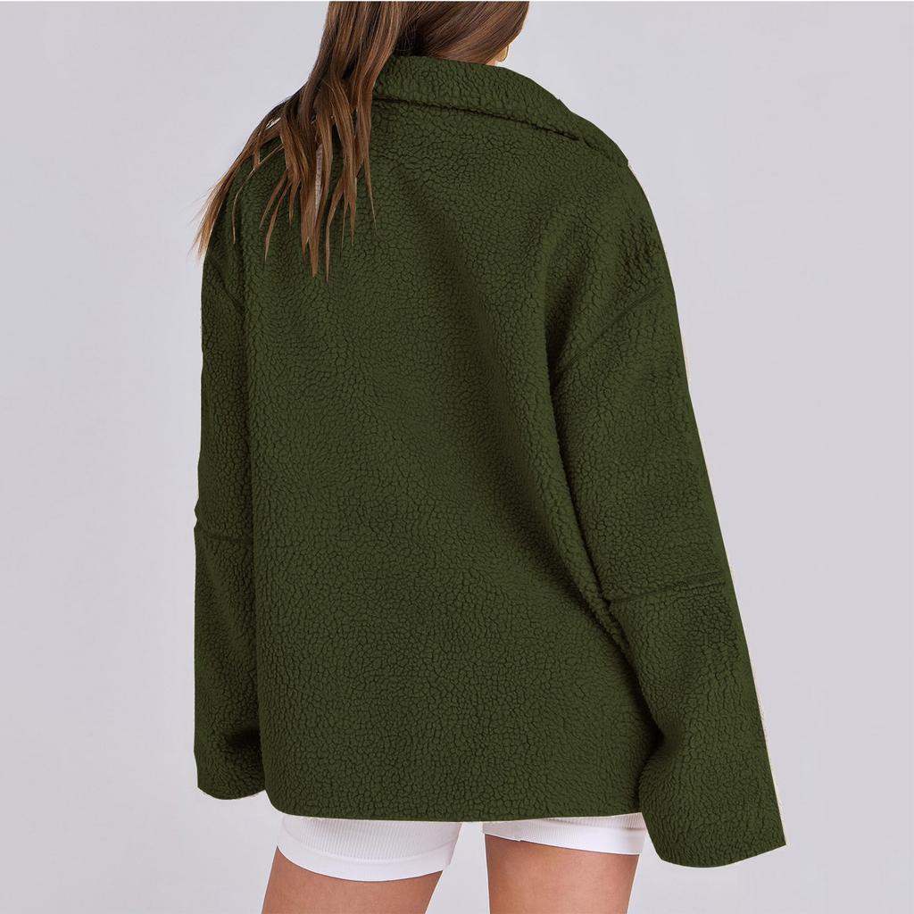 Jaqueta com capuz casual feminina de cor sólida, solta, com abotoamento simples e bolsos