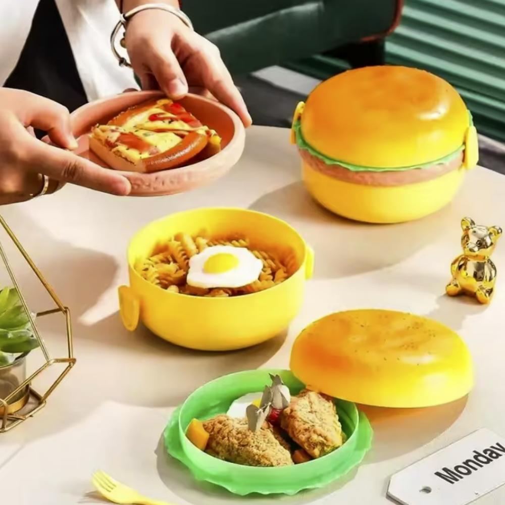 Creative and cute hamburger lunch box, portable lunch box for students, food-grade microwave-safe lunch box