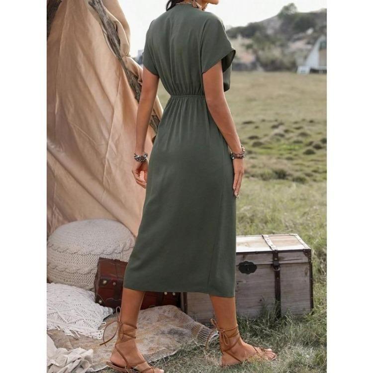 Solid Color Summer Women Fashion Lace Up Wrap Dress with Forged Slit Design