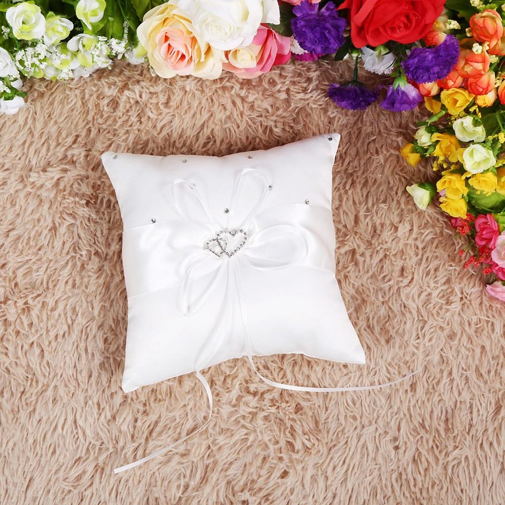 4 Colors Wedding Ring Bearer Holder Pillow Cushion With Bowknot Stain Double Hearts Diamonds